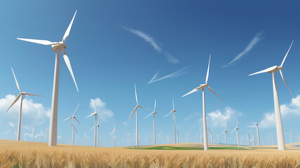 A field of wind turbines spinning gracefully under a clear sky, harnessing clean energy from the breeze