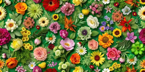 Green wallpaper featuring a variety of unique and colorful flowers, green, wallpaper, flowers, vibrant, botanical