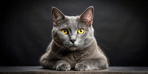 Grey cat with yellow eyes staring at the camera on black surface, feline, animal, pet, domestic, grey, yellow eyes, staring, camera