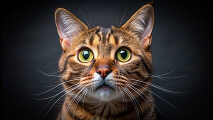 Vibrant, whiskered feline with wide, startled eyes gazes upward on inky black background, amplifying its astonished expression and fur texture.