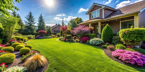 Perfectly manicured lawn and flowerbed with shrubs in sunshine, in a residential backyard setting, manicured, lawn