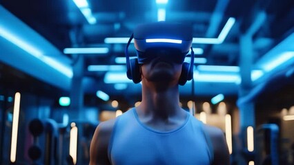 A young Asian man wearing a virtual reality headset in a modern gym filled with advanced equipment. He stands under blue neon lights, creating a futuristic ambiance. Evening time, casual workout - Powered by Adobe