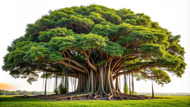 Majestic banyan tree with sprawling aerial roots and twisted trunk stands tall against a pristine transparent isolated background.
