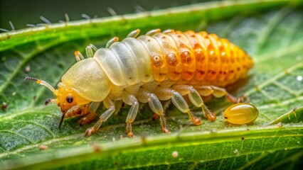 Close-up of a tiny, yellowish-orange tortoise beetle larva undergoing metamorphosis, revealing a nascent nymph's emerging body segments.