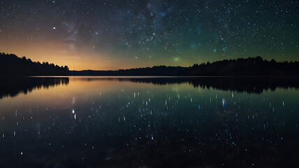 A starry night sky over a tranquil lake, with reflections of distant galaxies shimmering on the water's surface with copy space 