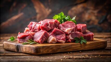 Freshly cut raw mutton meat displayed on a rustic wooden cutting board against a blurred dark brown background.