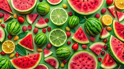 Vibrant watermelon background showcases assorted summer-themed templates for advertising banners, website, mobile, email, poster, and promotional design elements.