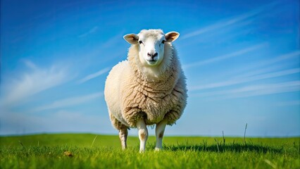 Fototapeta premium A fluffy white sheep standing in a green field under a clear blue sky, sheep, fluffy, farm animal, livestock, wool, cute