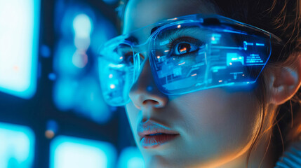 Naklejka premium Young woman wearing eyeglasses browsing a futuristic immersive digital world