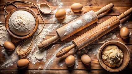 Flour-dusted wooden work surface cluttered with rolling pins, utensils, and balls of dough in various stages of kneading perfection.