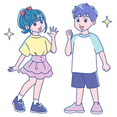 元気にガッツポーズする小学生女子と男子
