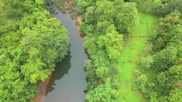 river closeup view wide greenery hill station drone view in manja in konkan