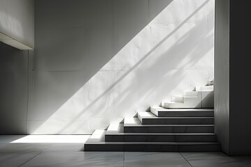 Fototapeta premium Sunlight streaming onto modern minimalist stairs, creating a serene and contemplative atmosphere. Ideal for architectural firms, interior decor, and creative projects.