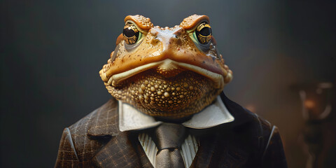 A quirky toad dressed in a business suit, perfect for humorous marketing, corporate culture depictions, or creative editorial content.