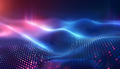 Abstract waveforms with vibrant blue and pink light, suitable for technology themes, digital presentations, and futuristic designs. Features ample copy space.