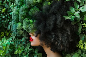Creative portrait of a woman with broccoli resembling her hair, symbolizing natural beauty