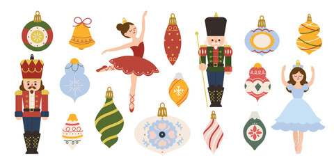 Merry Christmas and happy new year element vector set. Collection of nutcracker, christmas Ballet, christmas bauble, bell, hanging decorative. Design suitable for banner, invitation, decoration, card. © babeer