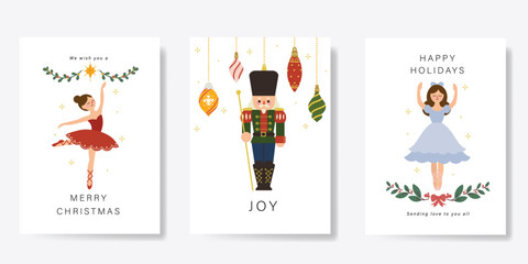 Set of Christmas and Happy new year holiday card vector. Elegant element of nutcracker, christmas ballet, christmas bauble, leaves on white background. Design illustration for cover, banner, poster. © babeer