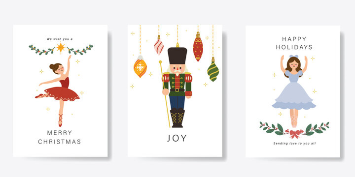 Set of Christmas and Happy new year holiday card vector. Elegant element of nutcracker, christmas ballet, christmas bauble, leaves on white background. Design illustration for cover, banner, poster.