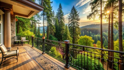 Fototapeta premium Serene exterior scene of a cozy house balcony with ornate railings overlooking a lush green forest with towering trees.