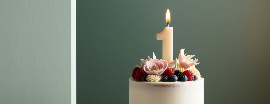 Birthday cake with one year candle for baby over gray green background banner, creamy dessert decorated with berries and flower. Baner with copy space
