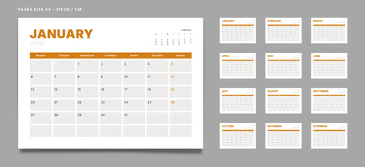 Set of 12 Pages Monthly Calendar Planner Templates on 2025 year. Vector mockup of a wall or desktop calendar with the week start on Monday for print. Pages size A4 -21x29.7cm