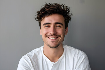 Obraz premium Smiling man in a white shirt against a gray background, perfect for business profiles, casual concepts, and friendly advertising. Ample copy space available.