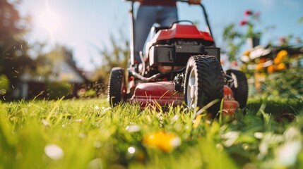 Low angle of a man pruning horticulture or hedge lawnmower machine cutting or trimming grass outdoors in his backyard on a sunny summer or spring day. House maintenance work or hobby, leisure activity