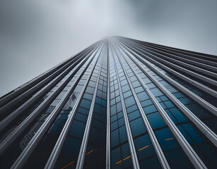 Fototapeta premium Low-angle view of a futuristic skyscraper stretching into a cloudy sky, ideal for business, technology, and architecture themes. Perfect for modern, corporate imagery.