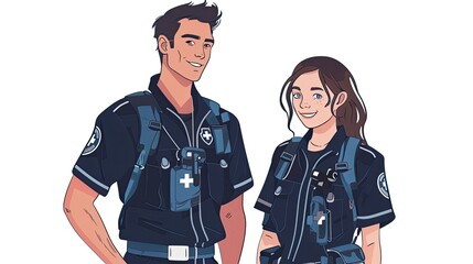Fototapeta premium Minimalist illustration of a male paramedic and female paramedic, both in uniform, standing side by side and smiling, clean lines and flat colors, white background, simple and modern style, half-body