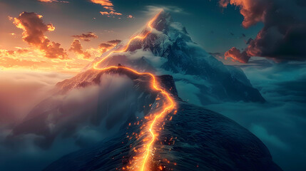 Glowing path to mountain peak, perfect for business success strategy, motivation, and adventure concepts. Vivid colors, dramatic atmosphere, ideal for presentations.