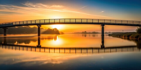 Silhouette of a bridge at sunrise over a calm river, bridge, morning, sunrise, silhouette, water, peaceful, tranquil
