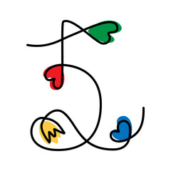 Number 5 with hearts and flowers hand drawn Decorative one continuous line. Line Art design concept