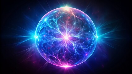 Obraz premium Mysterious glowing purple and blue orb radiates vibrant luminescence against a dark black background with subtle gradient effects.