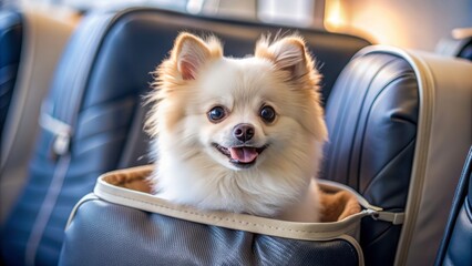 Adorable small white Pomeranian Spitz dog peeking out of trendy travel bag on commercial airplane seat, soft focus background.