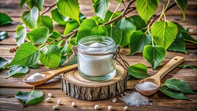Natural wooden rustic setting features a glass jar filled with xylitol birch sugar surrounded by fresh green leaves and wooden accents.