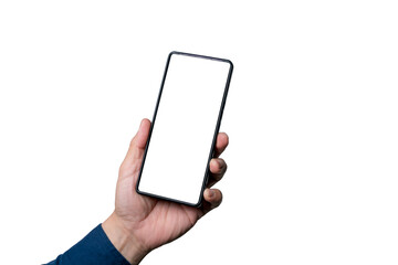 Close up of man hand holding modern smart phone mockup. New modern black frameless smartphone mockup