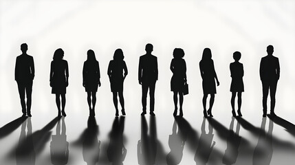 Silhouettes of diverse business professionals in a line, reflecting unity and teamwork. Ideal for corporate presentations, leadership concept visuals, and diversity campaigns.