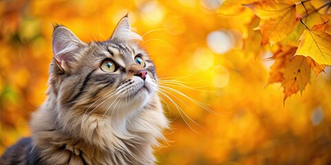 Obraz premium Close-up of fluffy cat looking up with autumn leaves in background , fluffy, cat, gazing, upwards, autumn, leaves, close-up, animal