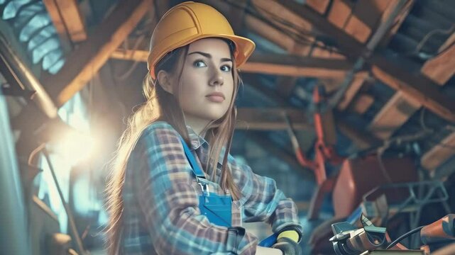 Young Caucasian woman working at a construction site in the evening. She is wearing a yellow hard hat, plaid shirt, and gloves while looking focused. The atmosphere is busy with construction
