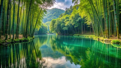 Tranquil lake framed by dense bamboo forest , nature, landscape, scenery, tranquil, peaceful, water, reflection, trees