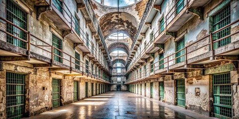 Fototapeta premium Abandoned American old prison with haunting architecture and peeling paint , Eastern State Penitentiary, Philadelphia, jail