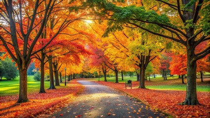Obraz premium Beautiful autumn scenery in the park with colorful leaves, trees, and a walking path , autumn, park, fall, leaves, trees
