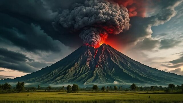Mount Merapi, a tall volcano, stands tall against the sky. This painting shows fiery reds and oranges against dark clouds. Every crack and crevice of the mountain is shown in amazing detail. This imag