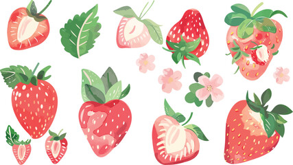 Strawberry Set, Hand-Drawn Collection of Fresh Forest or Garden Berries. Includes Whole Juicy Berries, Bush with Green Leaves, and Flowers. Doodle Summer Element.