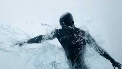 A digital art piece depicting a human figure, likely male, emerging from water with fluid motion. The abstract portrayal highlights dynamic movement and a sense of ethereal transformation, evoking a