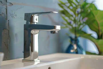 Closeup view of a sleek chrome faucet in a contemporary bathroom setting with soft focus background