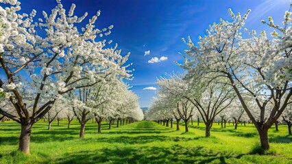 Obraz premium Beautiful, lush cherry orchard in full bloom under a clear blue sky, orchard, cherry trees, blossom, landscape, nature