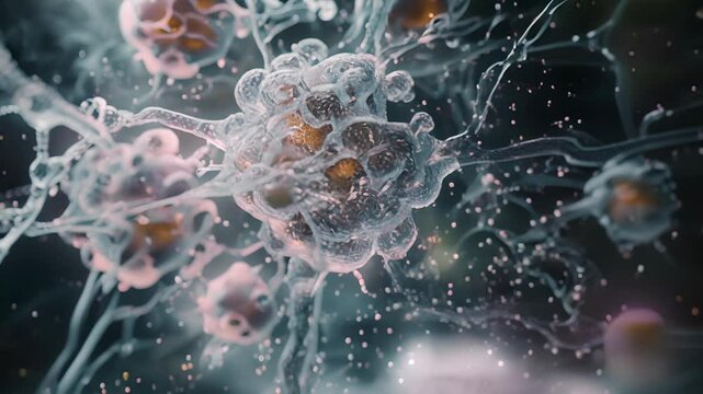 A microscopic view of fibroblasts in motion secreting collagen and other extracellular matrix components to fill in a and aid in healing.
