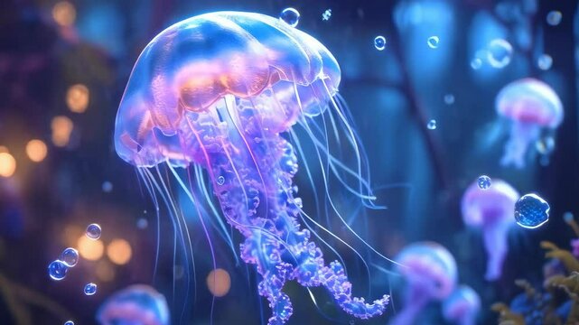 Glowing jellyfish drift in a mesmerizing underwater scene at night. The jellyfish radiate soft purples and blues, creating an ethereal and magical ambiance. Other jellyfish can be seen in the